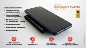 Schungit Platte mit Handy Anwendung