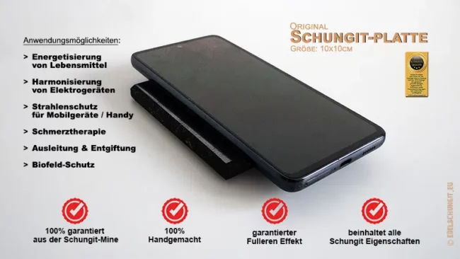 Schungit Platte mit Handy Anwendung
