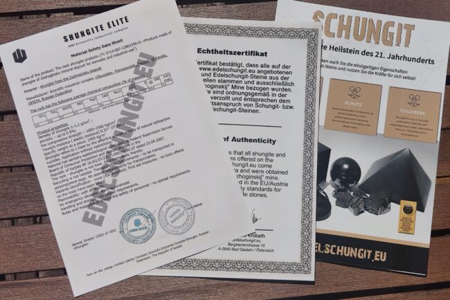 Echtheitszertifikat edelchungit.eu und Schungit Info-Flyer