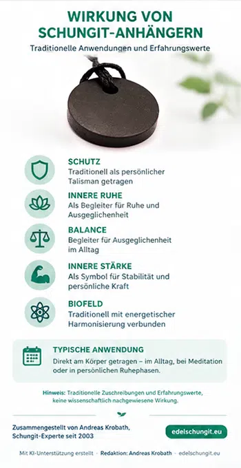Infografik zu traditionellen Anwendungen des Schungit-Anhängers