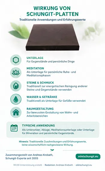 Infografik zu traditionellen Anwendungen der Schungit-Platte