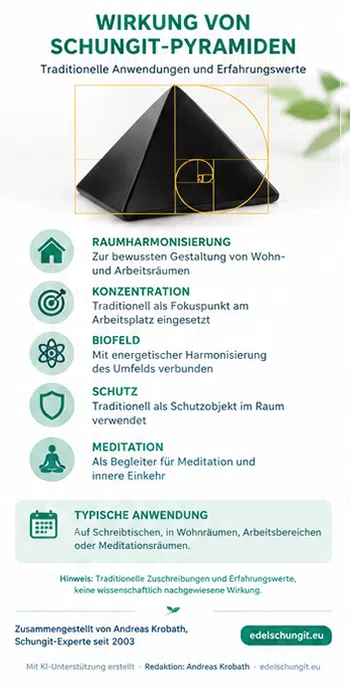 Infografik zu traditionellen Anwendungen der Schungit-Pyramide