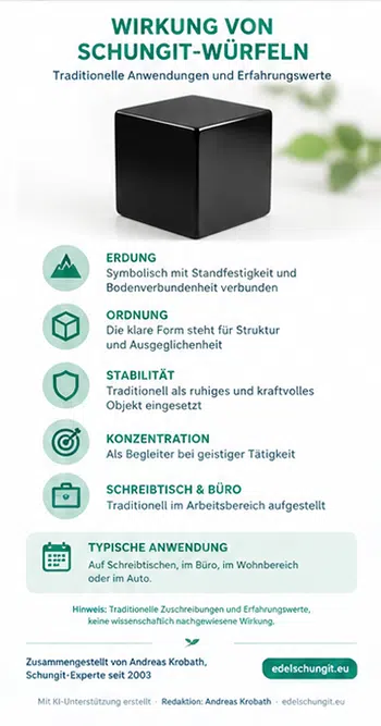 Infografik zu traditionellen Anwendungen des Schungit-Würfels